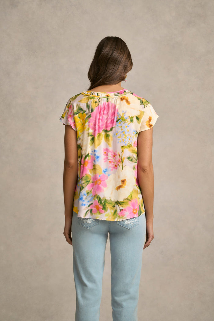 Ruched Short Sleeve Blouse - Spring Garden Print