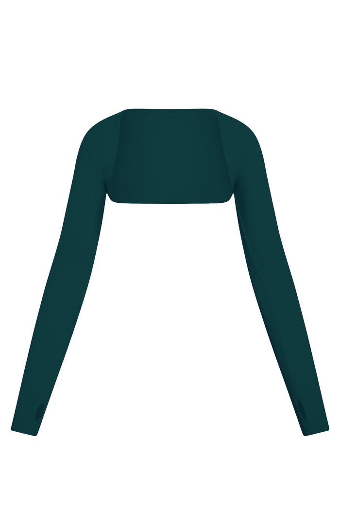 Front view of Runyon Canyon Bolero in Evergreen, cropped long-sleeve shrug with thumbholes on white background
