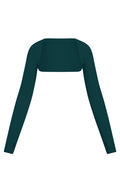 Front view of Runyon Canyon Bolero in Evergreen, cropped long-sleeve shrug with thumbholes on white background