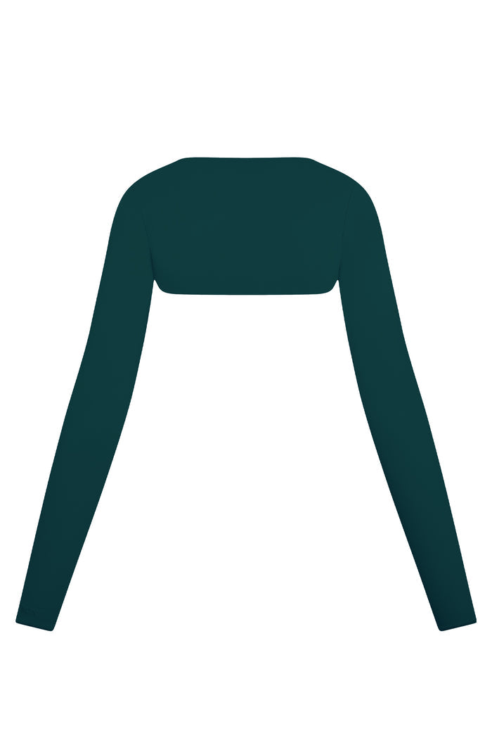 Back view of Runyon Canyon Bolero in evergreen showing cropped bolero cut and long sleeves on white background
