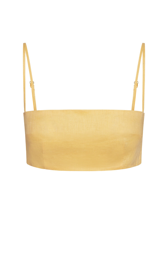 Front view of San Diego Top in Honey showcasing cropped linen square neckline and thin adjustable straps on white background