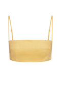 Front view of San Diego Top in Honey showcasing cropped linen square neckline and thin adjustable straps on white background