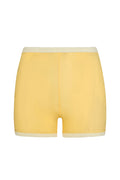 Front view of Santa Cruz Shorts in Honey Crinkle showing textured crinkle fabric and cream elastic waistband on white background