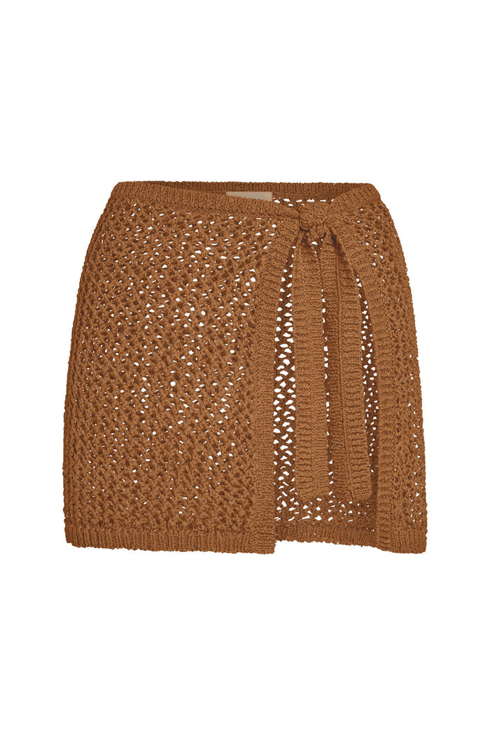Front of Santa Marta Sarong in caramel petit crochet showing wrap-tie waist and open-knit texture on white background