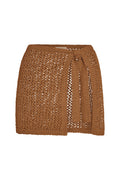 Front of Santa Marta Sarong in caramel petit crochet showing wrap-tie waist and open-knit texture on white background