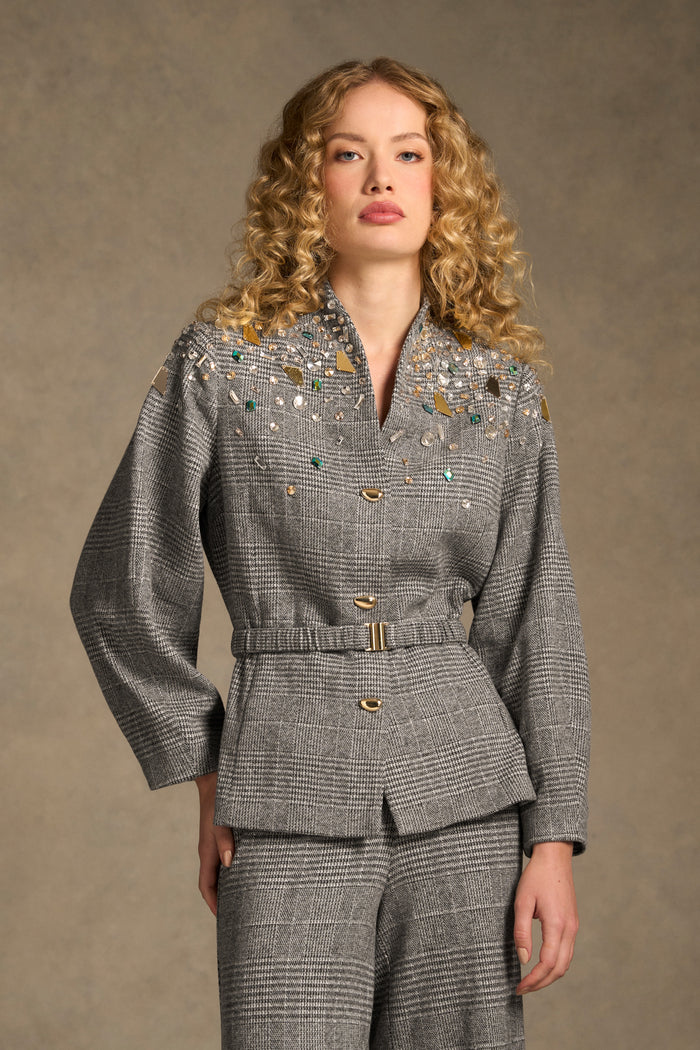 Sculpted Beaded Check Jacket - Glen Check
