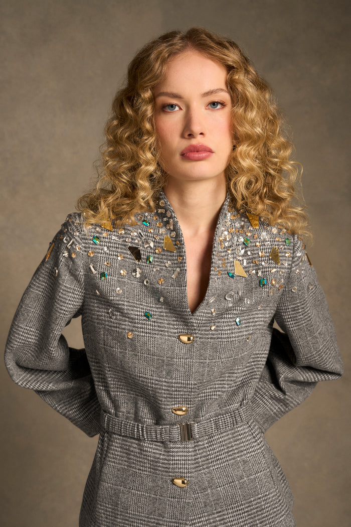 Sculpted Beaded Check Jacket - Glen Check