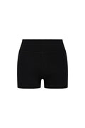 Front view of Sedona Short in black showcasing wide waistband, center seam, and flatlock stitching on white background
