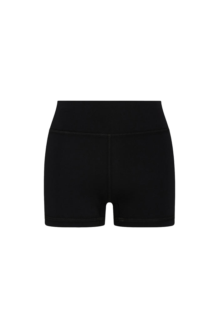 Front view of Sedona Short in black showcasing wide waistband, center seam, and flatlock stitching on white background