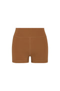 Front view of Sedona Short in Caramel showcasing doubled waistband, center front seam and short inseam on white background