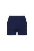 Front view of Sedona Short in Midnight showcasing low-rise doubled waistband and 3 3/8 inch inseam with neutral studio background