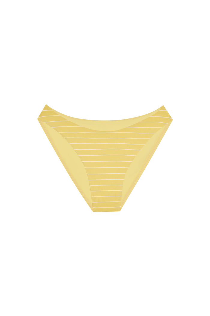 Front view of Seychelles Bottom Meyer Stripe showing mid-rise fit and moderate coverage on white background