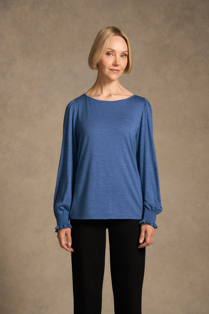 Shirred Cuff Merino Top - Bluebell Marle