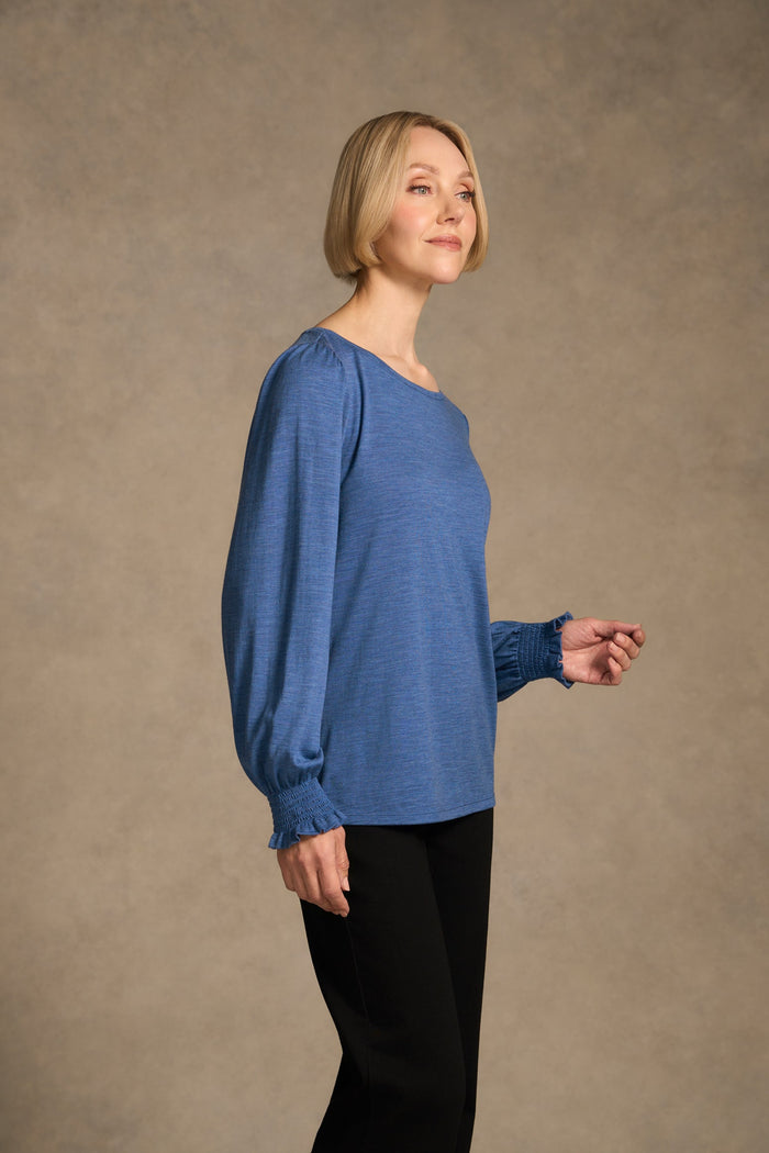 Shirred Cuff Merino Top - Bluebell Marle