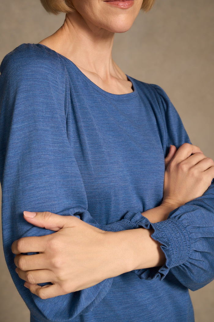 Shirred Cuff Merino Top - Bluebell Marle