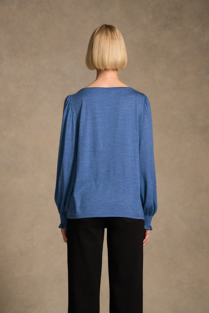 Shirred Cuff Merino Top - Bluebell Marle