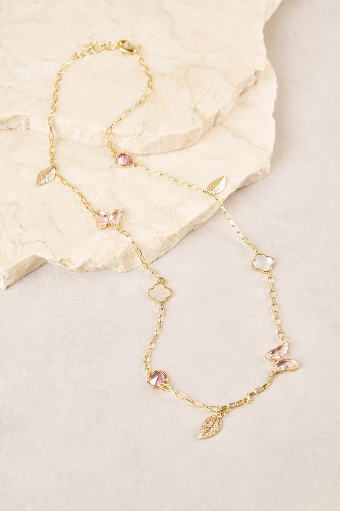 Short Clover & Butterfly Necklace - Light Pink