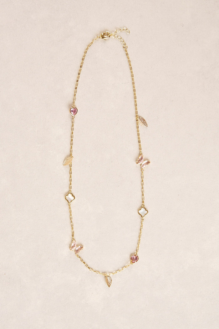 Short Clover & Butterfly Necklace - Light Pink