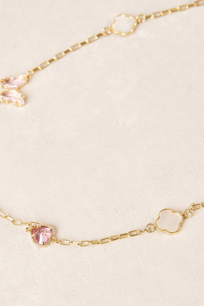 Short Clover & Butterfly Necklace - Light Pink