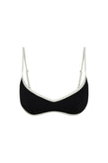 Front view of Soho Bra in black with ivory trim, showing V-neckline, thin adjustable straps and contrast colorblock on white background