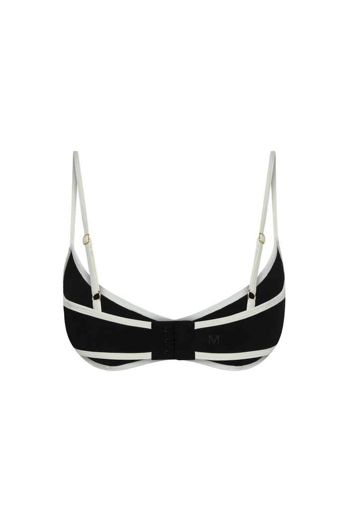 Back view of Soho Bra in black and ivory showing adjustable straps and three-hook back closure on white background