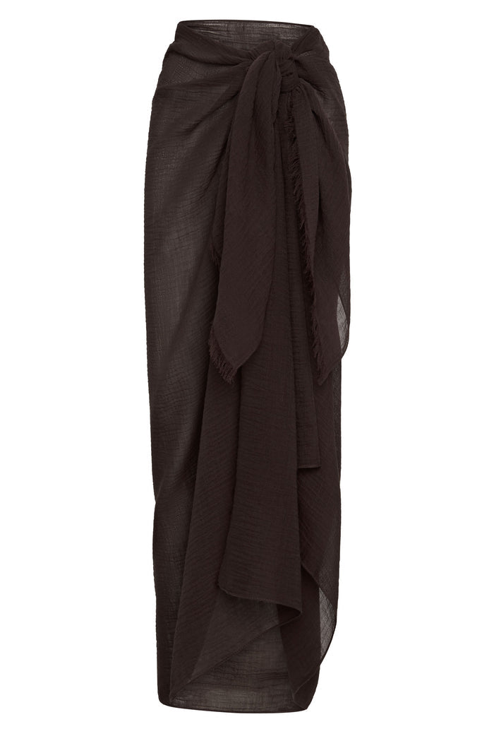 Front view of St. Tropez Sarong in Espresso Crinkle Linen showcasing side knot tie, ankle-length and raw fringed hem on white