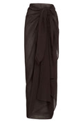 Front view of St. Tropez Sarong in Espresso Crinkle Linen showcasing side knot tie, ankle-length and raw fringed hem on white