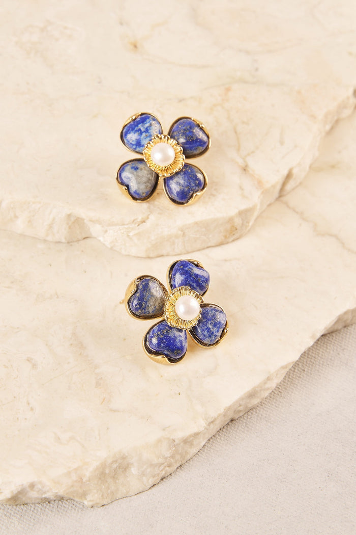 Stone Pearl Flower Earrings - Blue