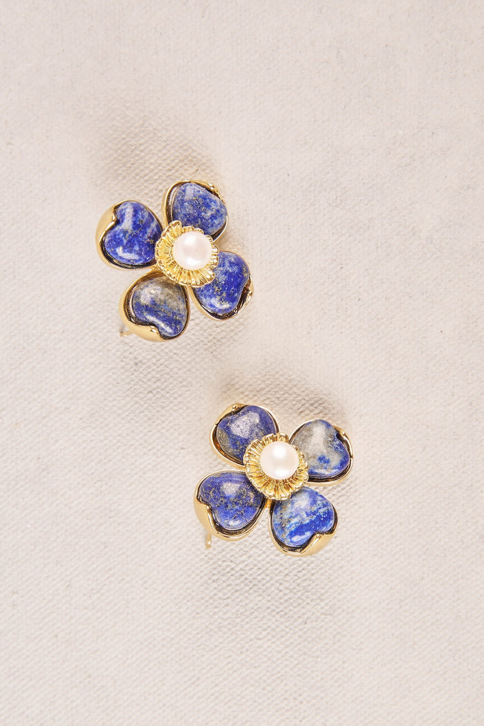 Stone Pearl Flower Earrings - Blue