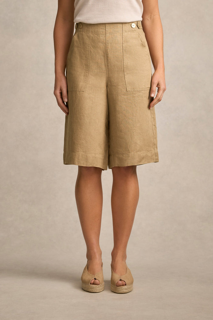 Tab Detail Linen Short - Camel Twill