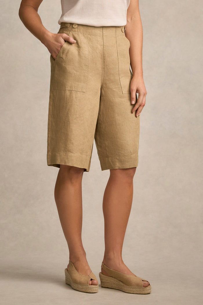 Tab Detail Linen Short - Camel Twill