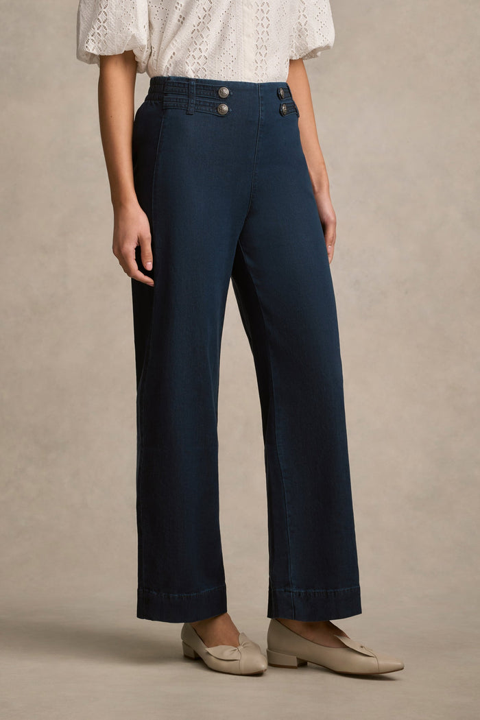Tab Detail Wide Leg Jeans - Mid Wash Denim