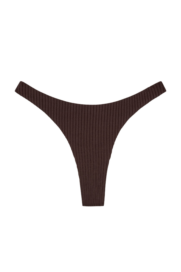 Flat lay of Tamarama Bottom in Espresso Wide Rib showing high-cut thong silhouette and ribbed texture on white background