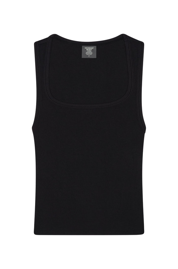 Flat front view of Tash Tank Long in Black Lightweight Rib showcasing wide square neckline and thin rib texture on white background