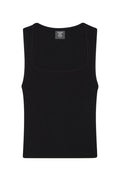 Flat front view of Tash Tank Long in Black Lightweight Rib showcasing wide square neckline and thin rib texture on white background
