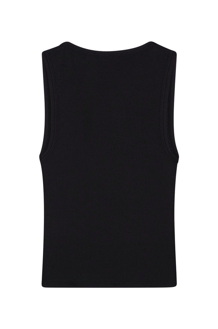 Back view of Tash Tank Long in Black Lightweight Rib showcasing thin rib texture and wide square neckline on white background