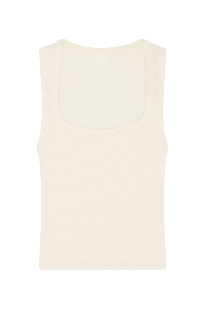 Flat-lay front view of Tash Tank Long tank top showcasing wide square neckline and thin rib texture on white background