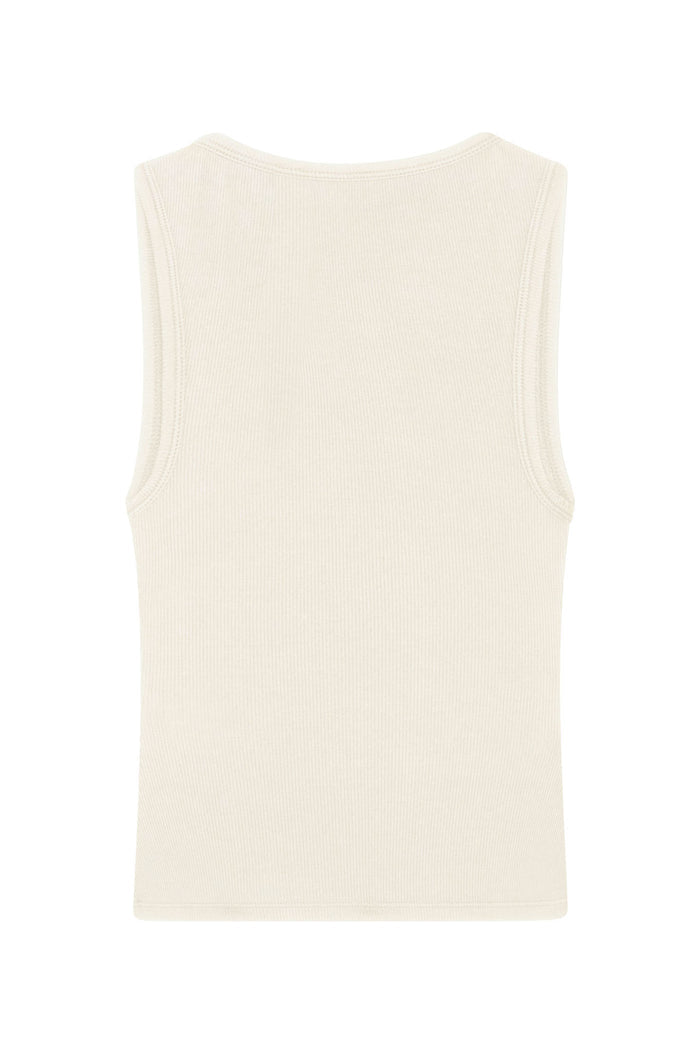 Back view of Tash Tank Long in Ivory Lightweight Rib showcasing thin rib texture and wide square neckline on white background