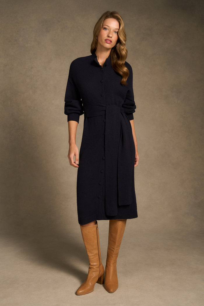 Tie Neck Cardigan Dress - Ink