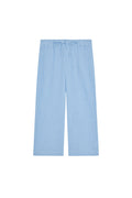 Front flat-lay of Tuscany kids pant in sky showing elastic drawstring waist, crinkled fabric texture and wide-leg silhouette on white background