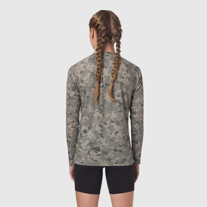 Polartec Delta longsleeve in digital camo, back view on model with braided hair