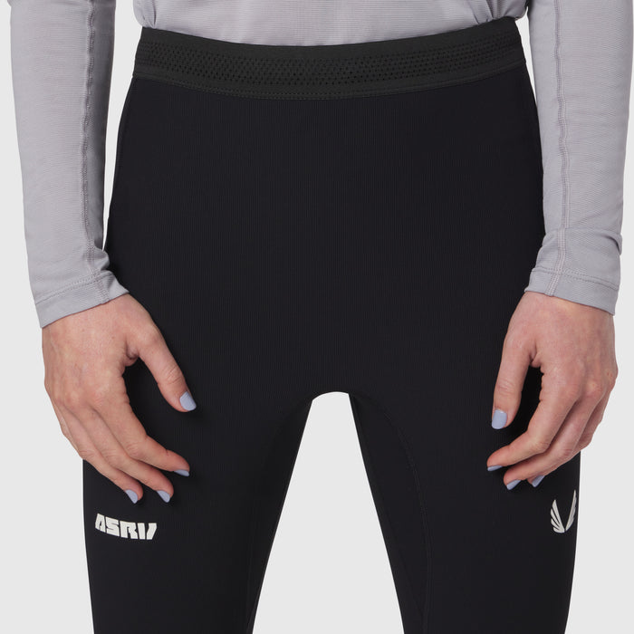 W055 Lycra® Ribbed Running Tight in black, worn by model, waist and thigh detail