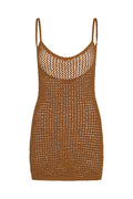 Front view of Zanzibar mini dress in caramel petit crochet with scoop neckline, thin straps, open knit on white background