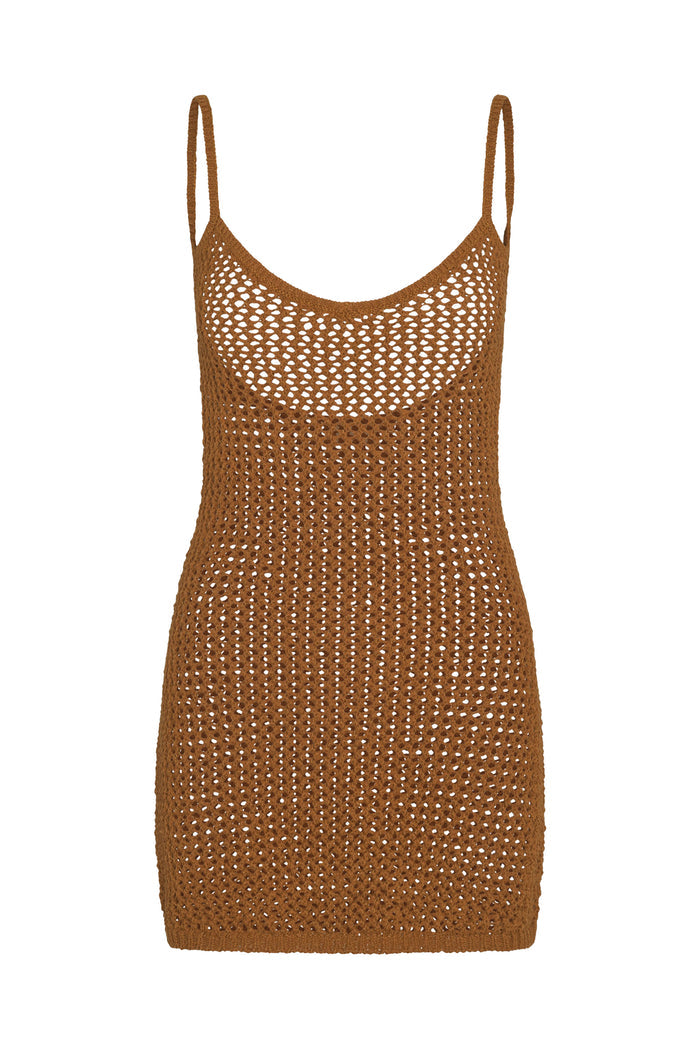Front view of Zanzibar mini dress in caramel petit crochet with scoop neckline, thin straps, open knit on white background