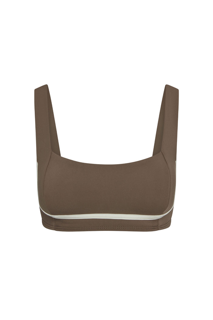 Front view of Zion Bra in stone with ivory contrast piping, square neckline and wide straps on white background