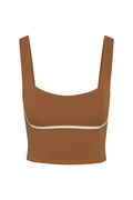 Front view of Zion Tank in caramel and ivory showcasing square neckline, wide straps, and ivory underbust piping on white background
