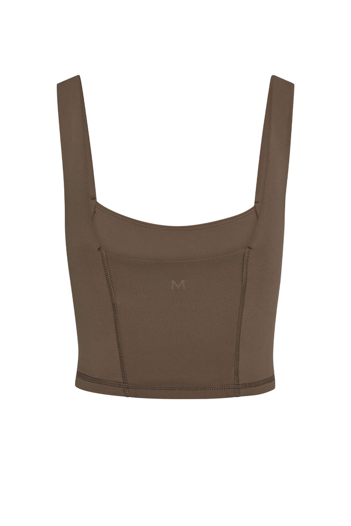 Front view of Zion Tank in stone showcasing square neckline, wide straps, cropped length, stitched seam details on white background